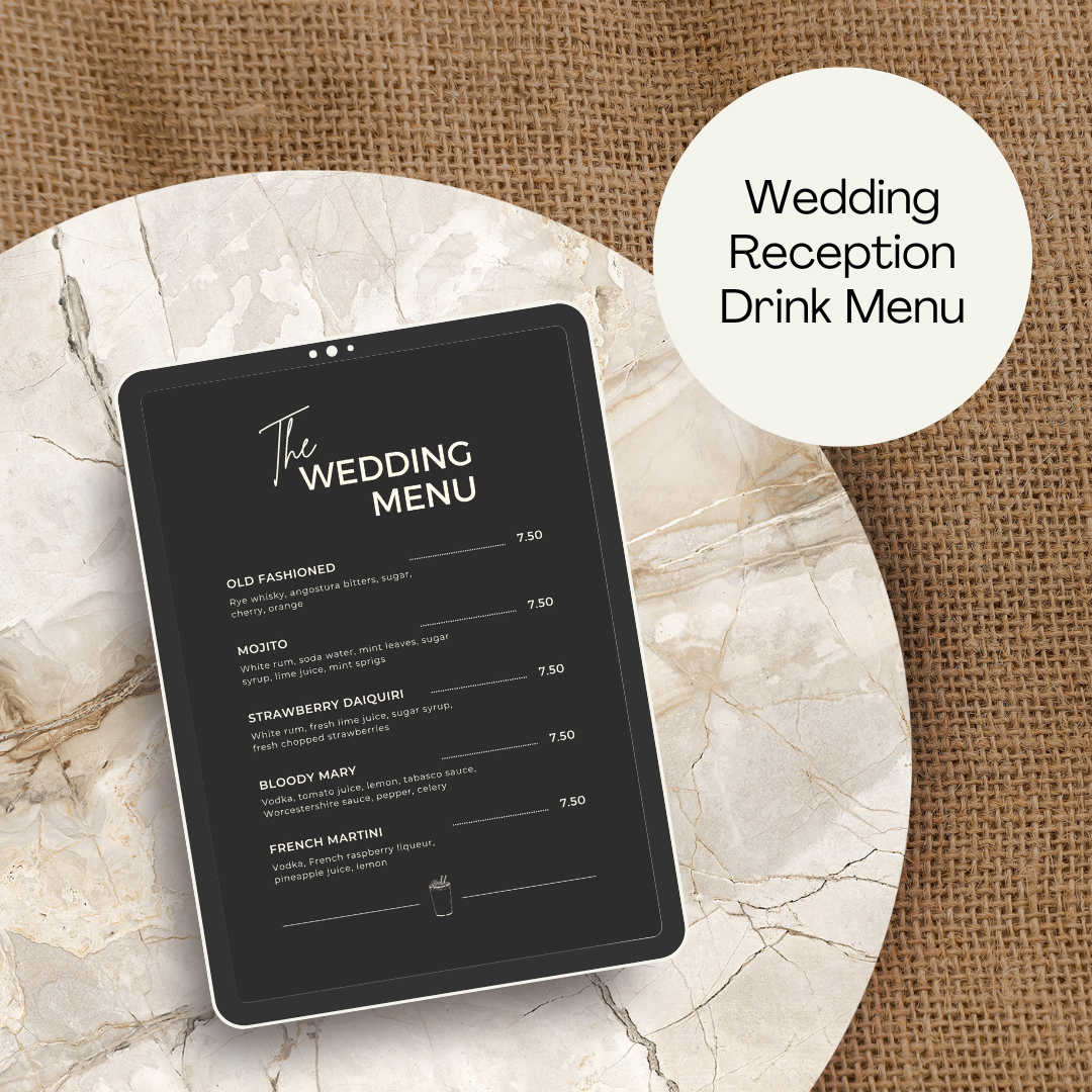 Wedding Drink Menu PDF Printable Editable Template