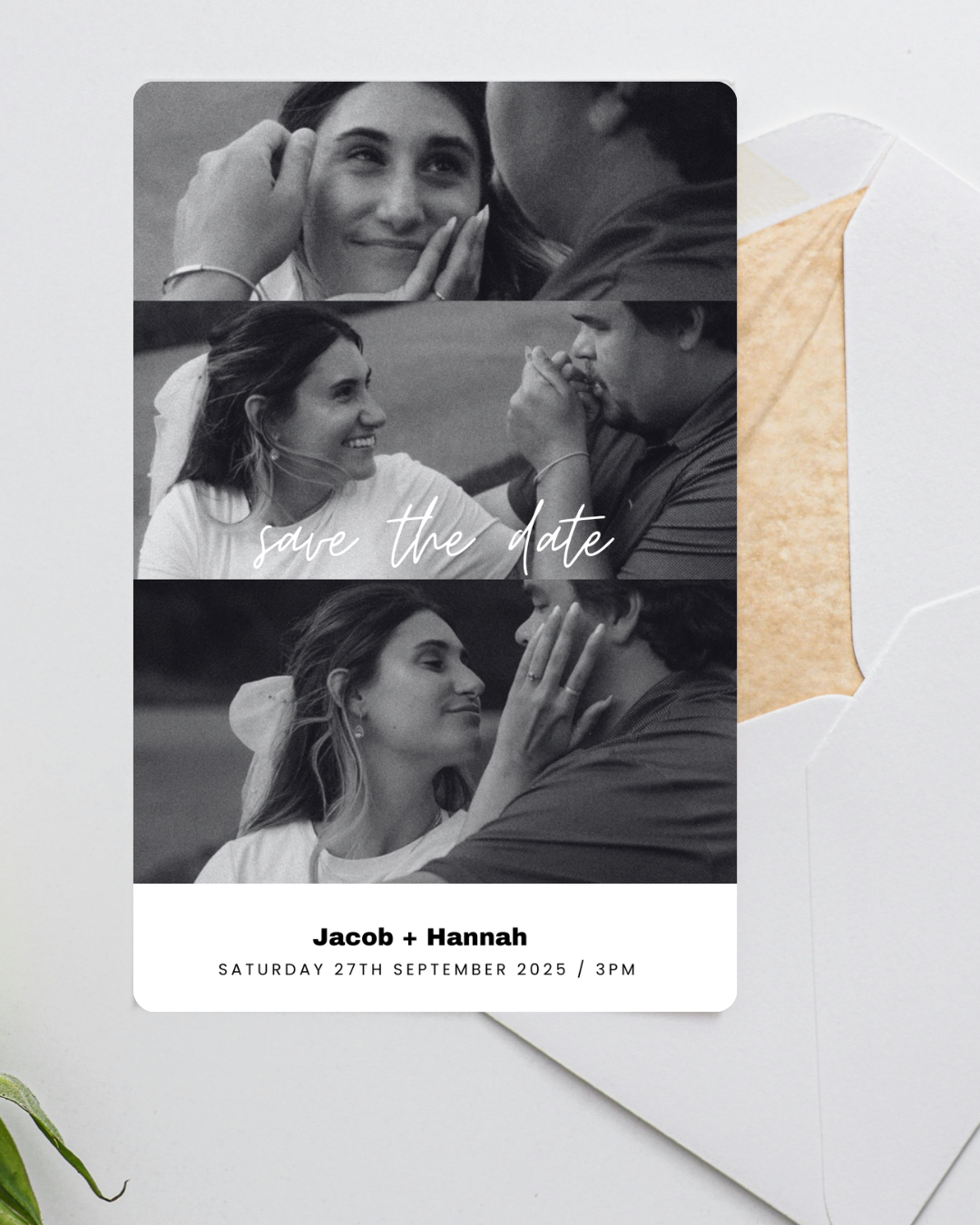 Save the Date Editable Template | 3-Photo Black & White Design | Vertical 4"x6" Format