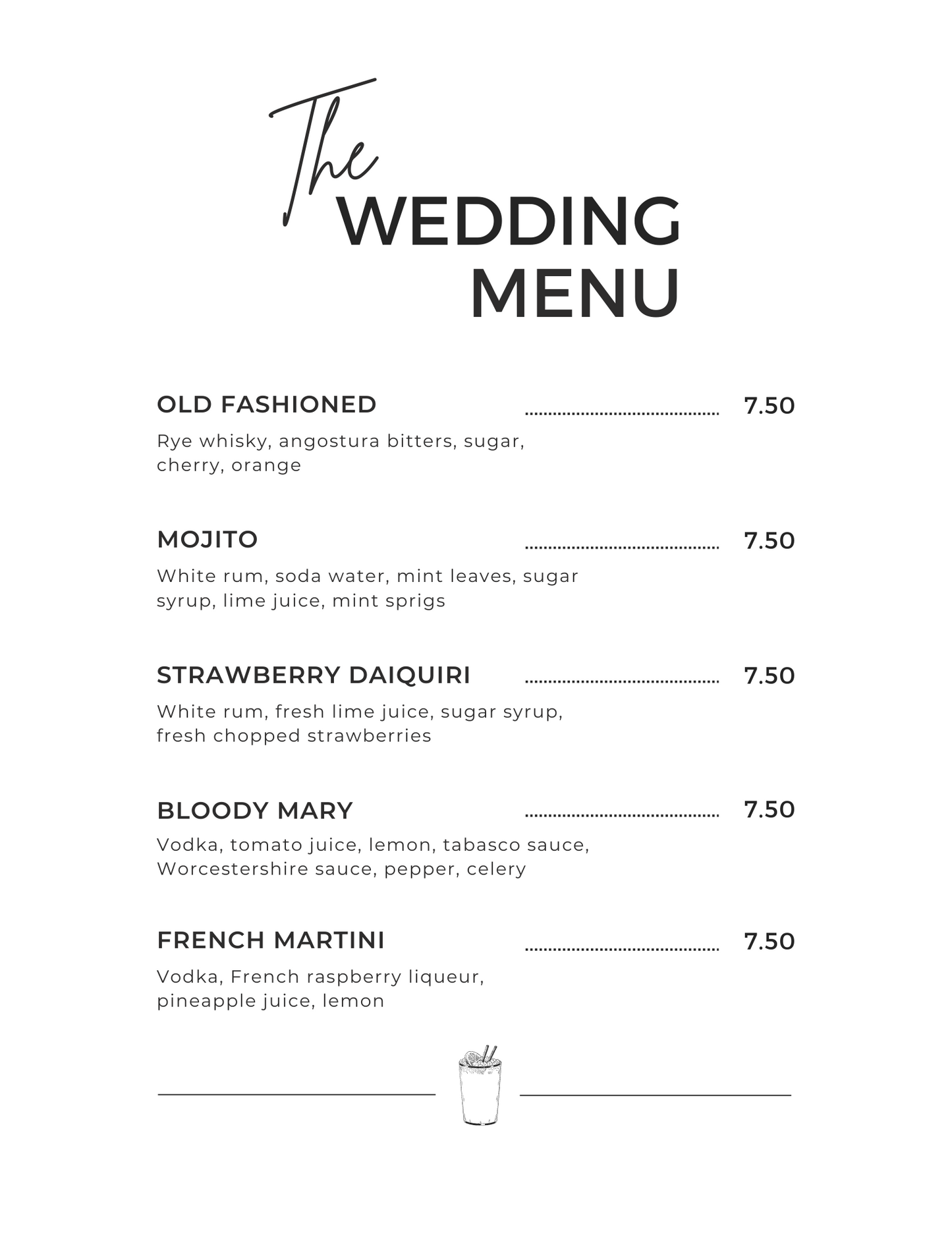 Wedding Drink Menu PDF Printable Editable Template
