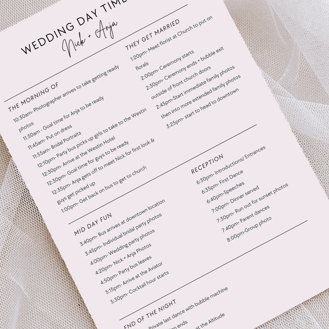Wedding Timeline Editable PDF Template | Minimalist & Formal Design for Photographers