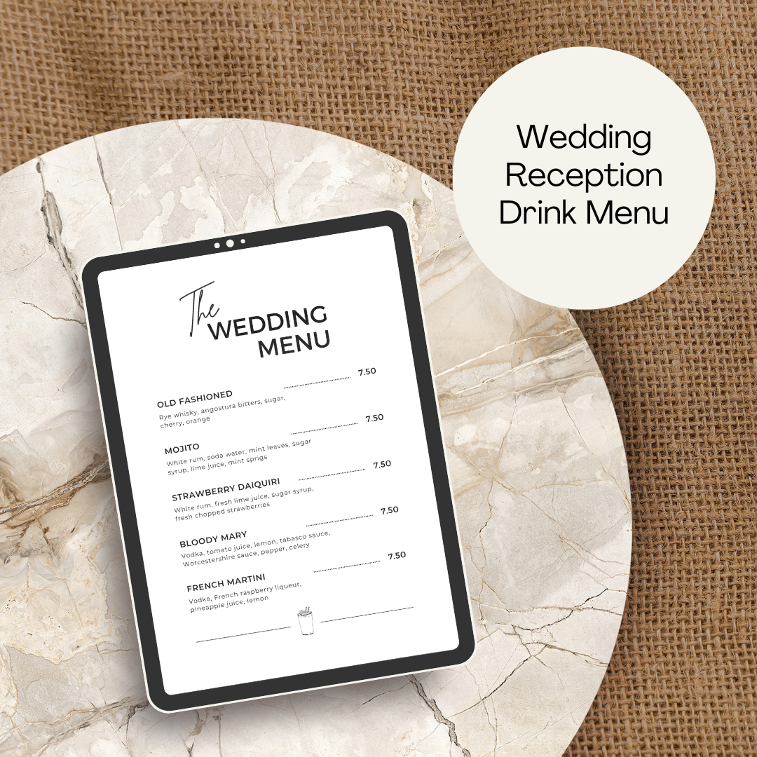 Wedding Drink Menu PDF Printable Editable Template