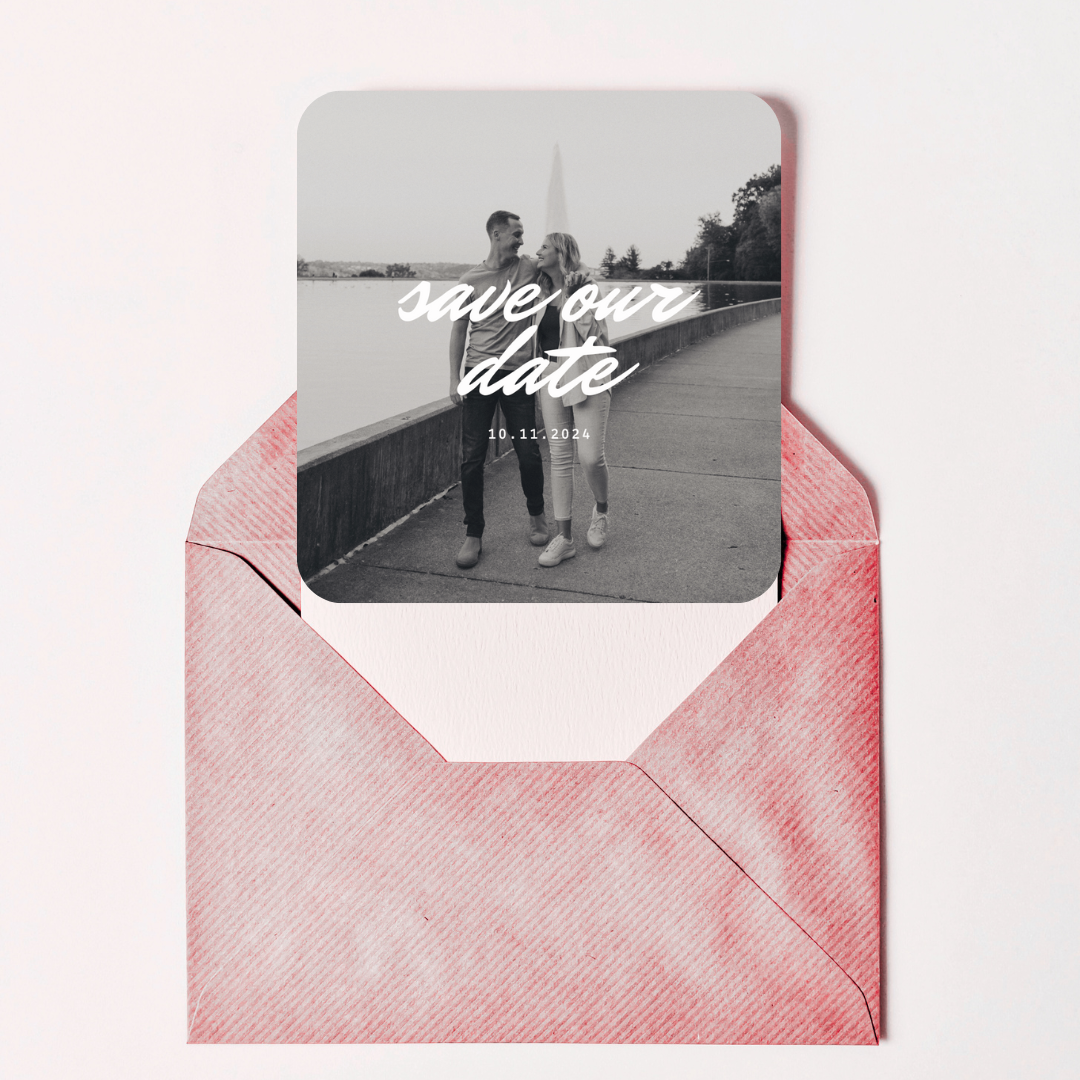 Save the Date Editable Template | Minimalist Black & White Design w/ Cursive Font | 5x5 Square Card