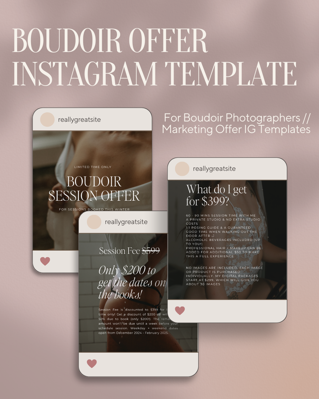 Boudoir Photographer Instagram Template - Boudoir Session Offer Template used for Instagram + Email Templates