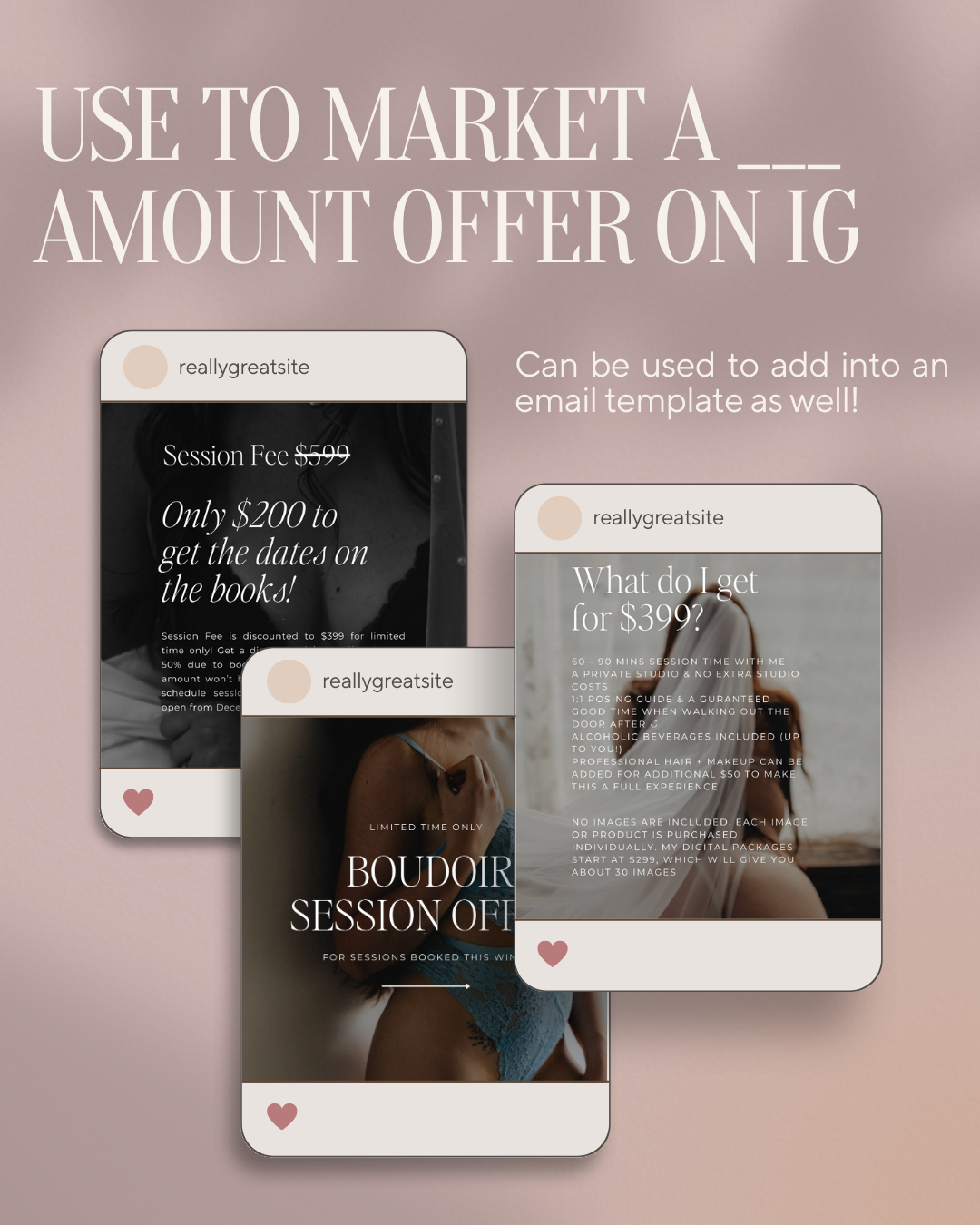 Boudoir Photographer Instagram Template - Boudoir Session Offer Template used for Instagram + Email Templates